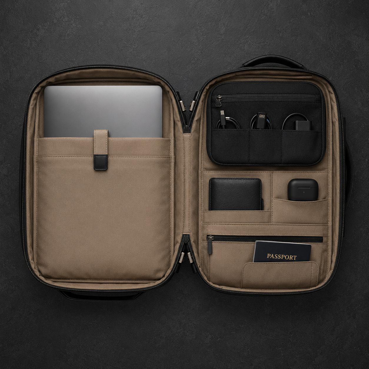 Interior mochila VELT ONE organizado